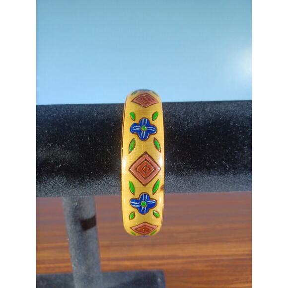 Vtg. Boho Hand Painted Wood Bangle Bracelet Floral/Geometric-Blue, Pink, Green - Picture 2 of 8